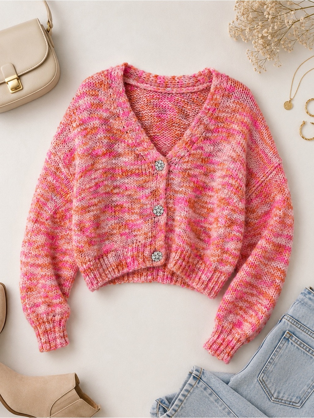 Target Pink Marled V-Neck Cropped Cardigan with Floral Buttons